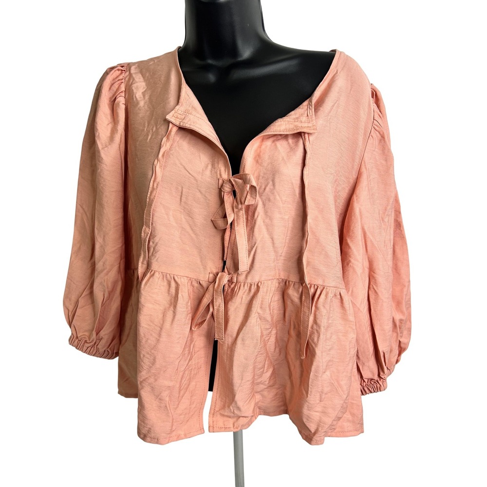 A New Day Shirt Womens Medium Pink Coral Elbow Sleeve Tie Front Peplum Top